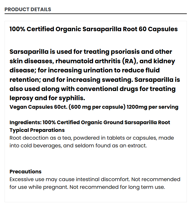 Sarsaparilla Root (60) Capsules